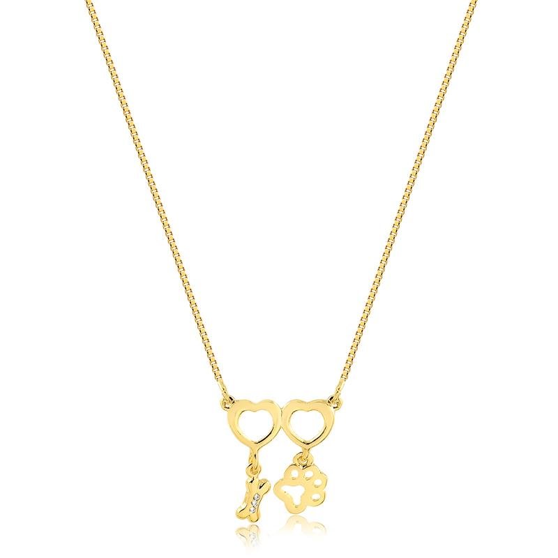 COLAR COM OSSO E PATA DE CACHORRO FOLHEADO A OURO 18K