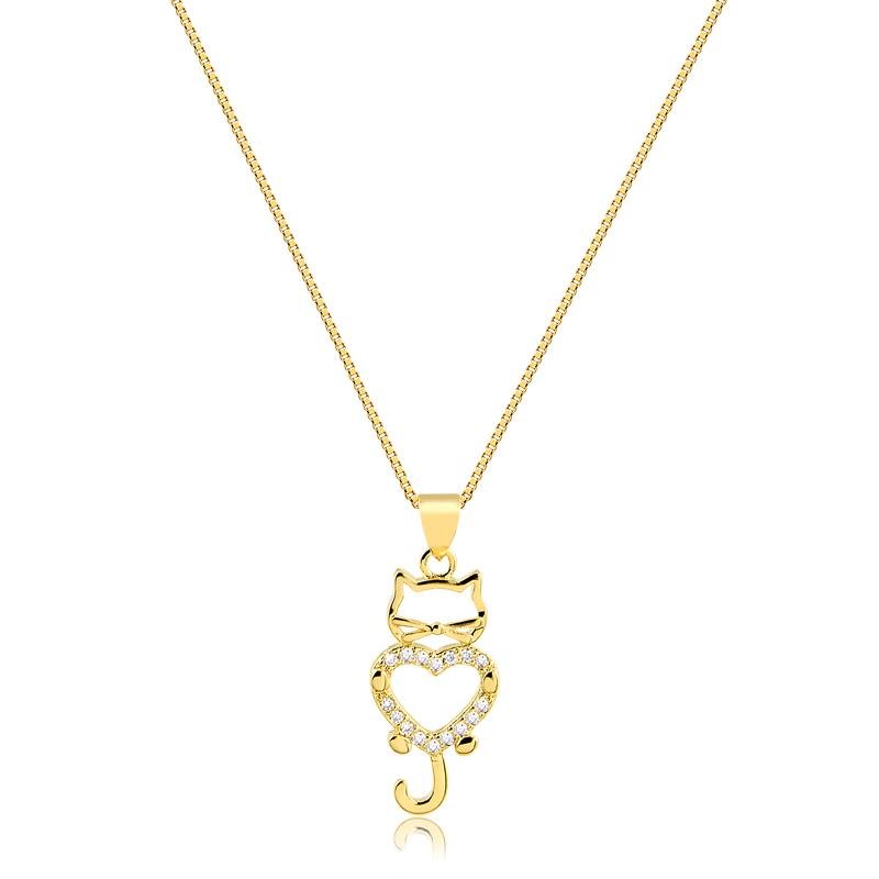 COLAR COM GATO E CORAÇÃO EM ZIRCÔNIA FOLHEADO A OURO 18K