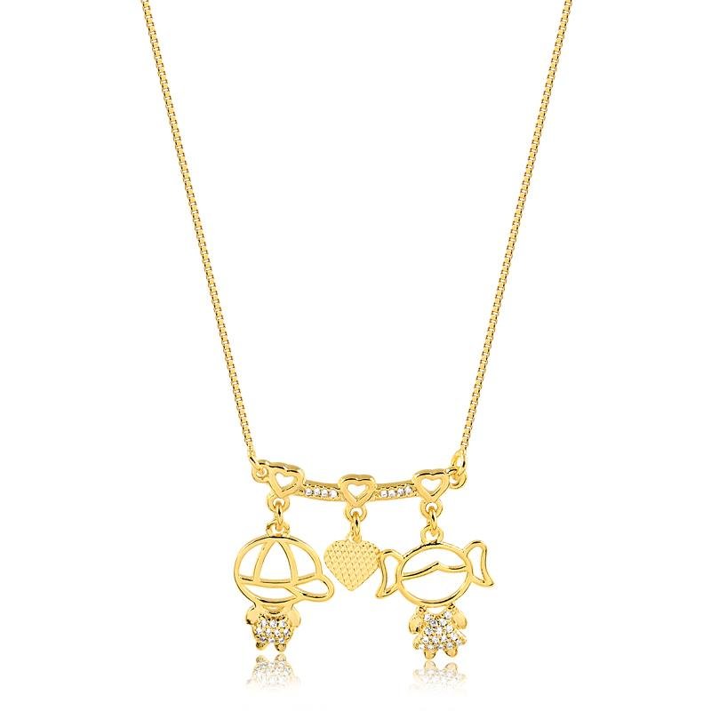COLAR COM MENINO E MENINA FOLHEADO A OURO 18K
