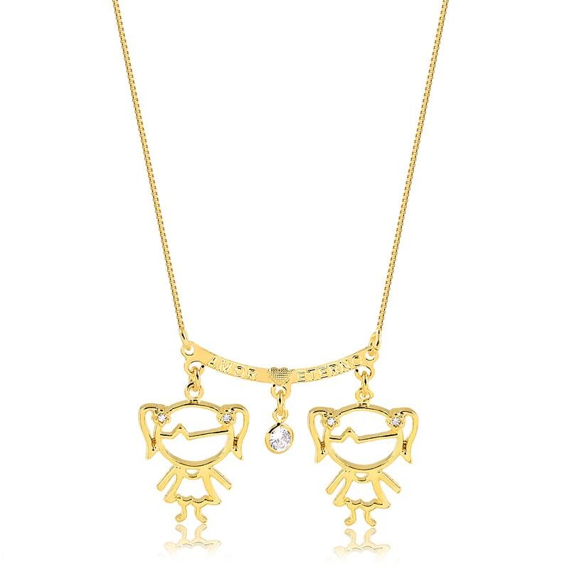 COLAR COM DUAS MENINAS FOLHEADO A OURO 18K
