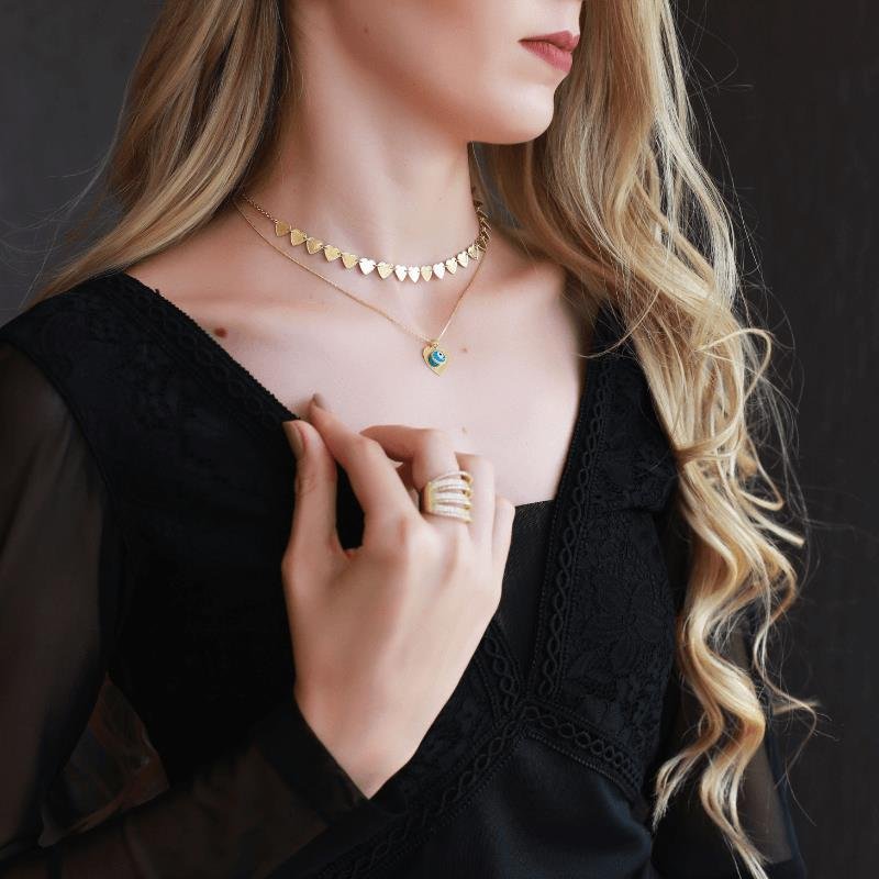 COLAR DE OLHO GREGO COM CORAÇÃO FOLHEADO A OURO 18K