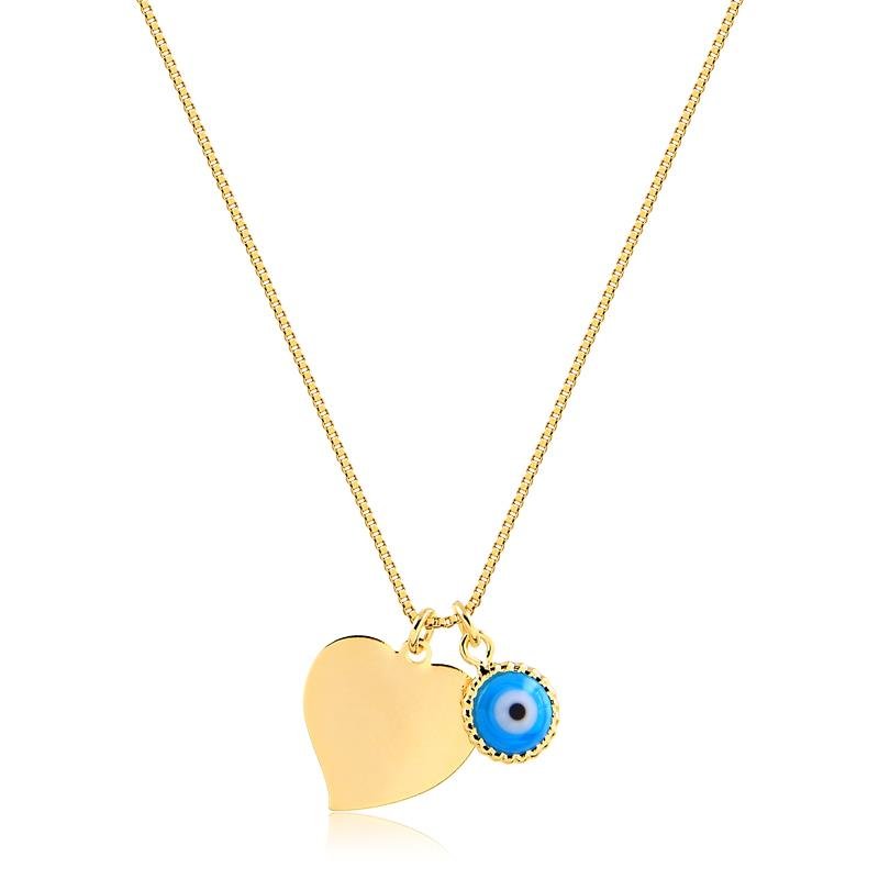 COLAR DE OLHO GREGO COM CORAÇÃO FOLHEADO A OURO 18K