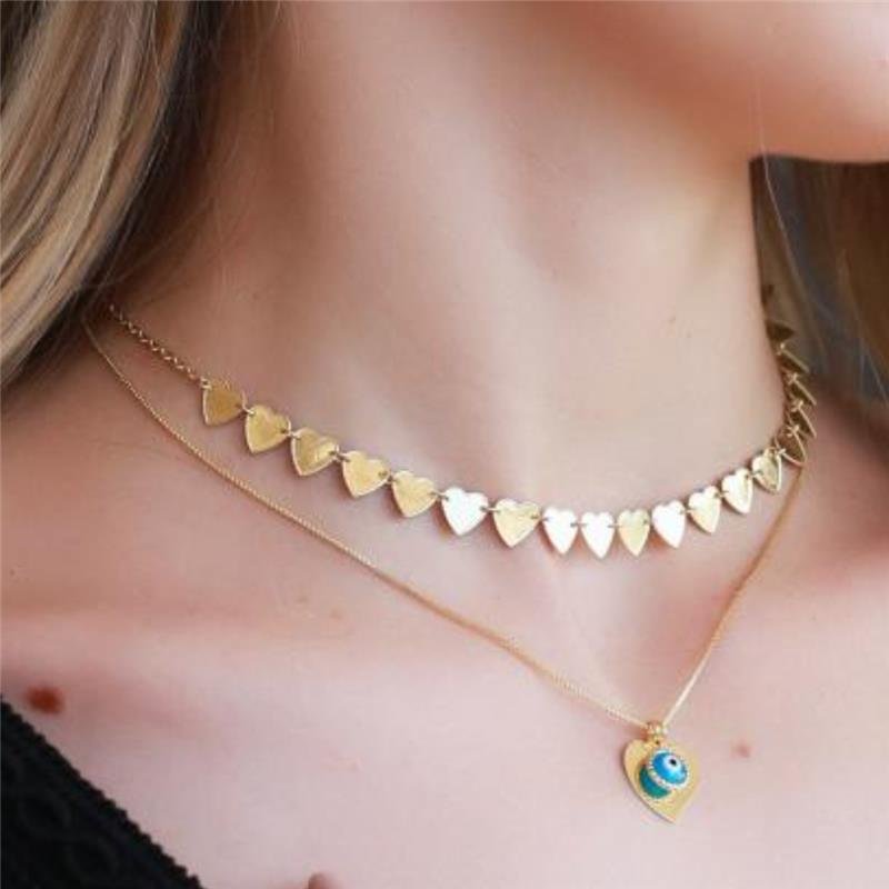 COLAR DE OLHO GREGO COM CORAÇÃO FOLHEADO A OURO 18K