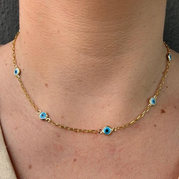 COLAR CHOKER COM OLHO GREGO FOLHEADO A OURO 18K