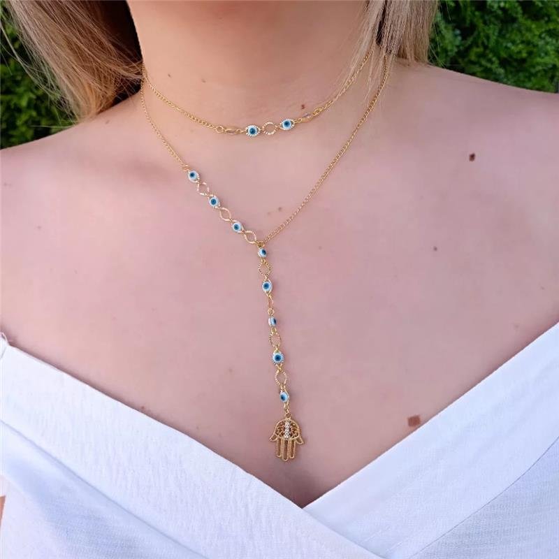 COLAR CHOKER COM DETALHES EM ZIRCÔNIA E OLHO GREGO FOLHEADO A OURO 18K