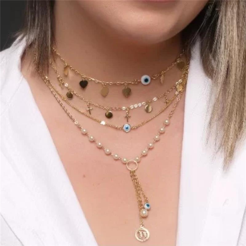 COLAR CHOKER COM CORAÇÕES E OLHO GREGO FOLHEADO A OURO 18K
