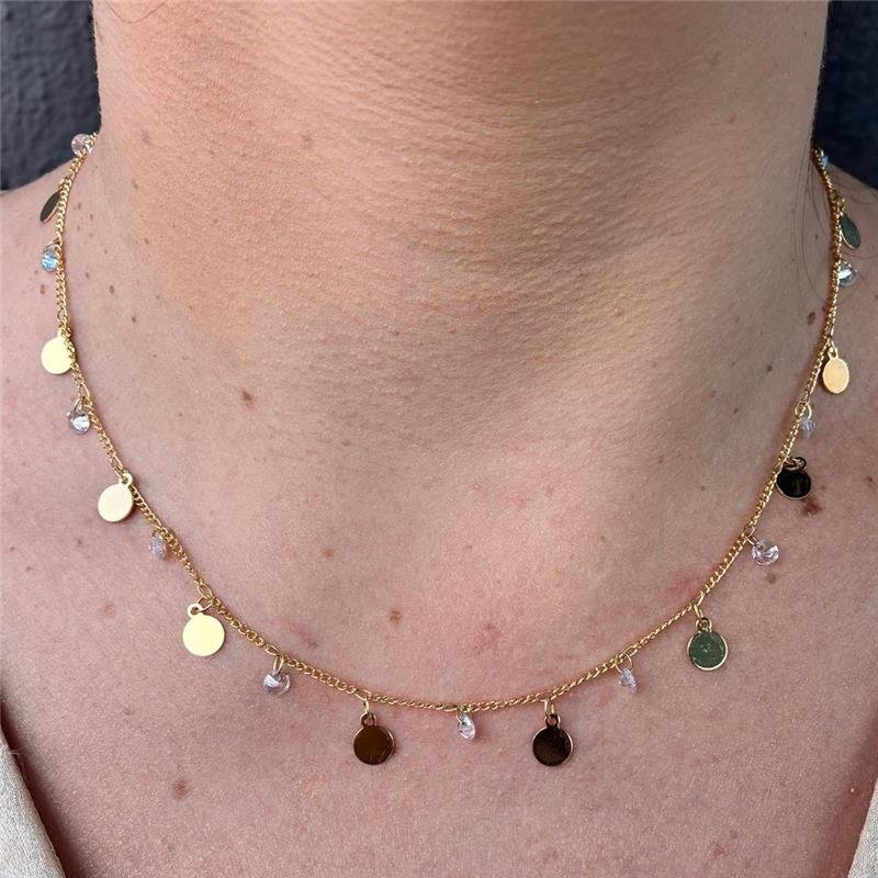 COLAR CHOKER COM CHAPINHAS E ZIRCÔNIAS FOLHEADA A OURO 18K