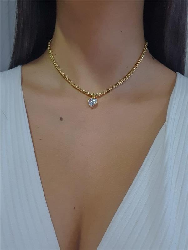 COLAR COM CORAÇÃO DE ZIRCÔNIA FOLHEADO A OURO 18K
