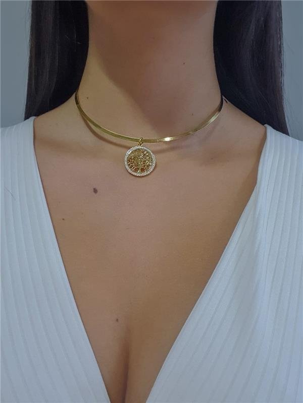 COLAR CHOKER LISA COM ARVORE DA VIDA CRAVEJADA FOLHEADO A OURO 18K