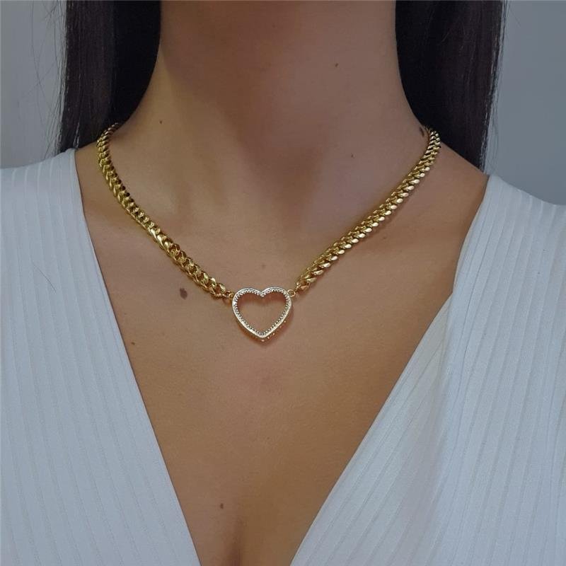 COLAR ELO GRUMET COM CORAÇÃO DE ZIRCÔNIA FOLHEADO A OURO 18K