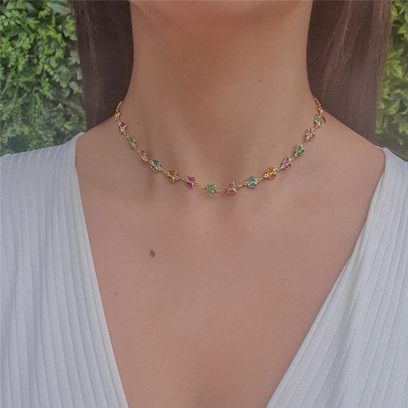 COLAR CHOKER COLORIDO DE BORBOLETA FOLHEADO A OUR0 18K