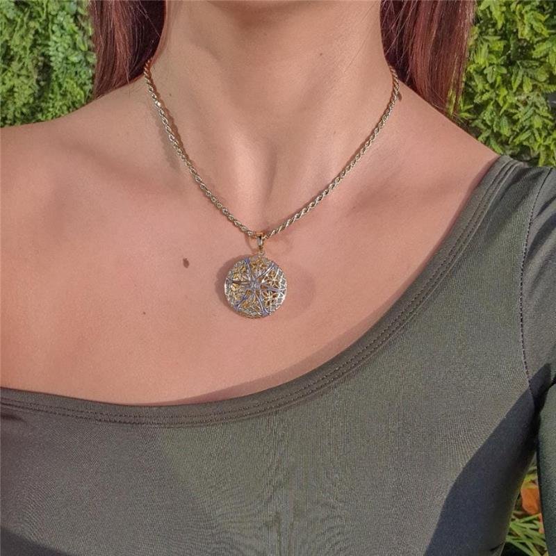 COLAR CORDÃO BAIANO RELICÁRIO REDONDO COM APLICAÇÃO DE RÓDIO FOLHEADO A OURO 18K