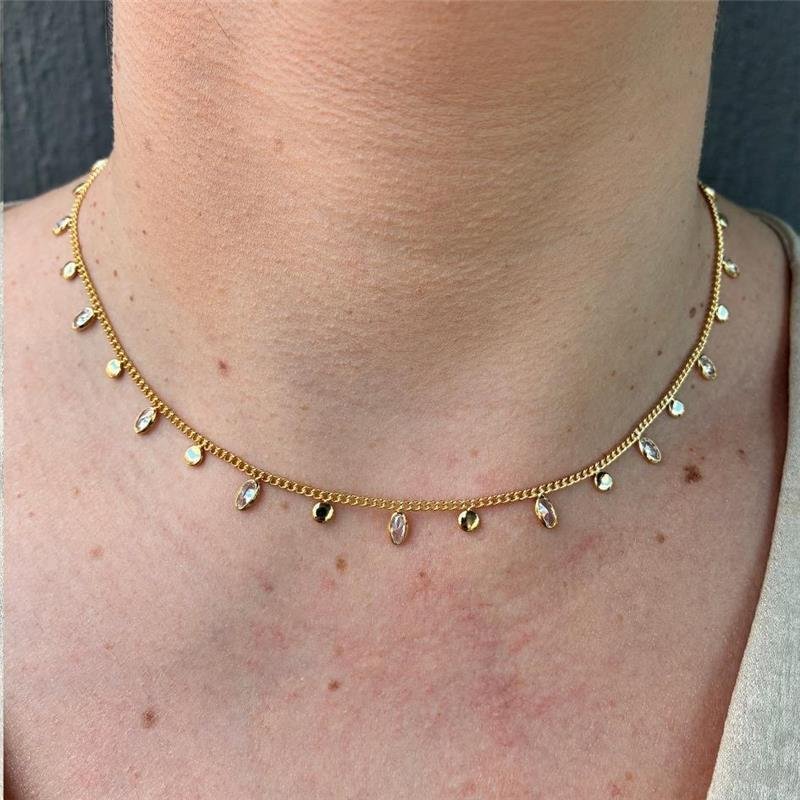 COLAR CHAPINHAS REDONDAS E ZIRCÔNIAS EM GOTA FOLHADO A OURO 18K