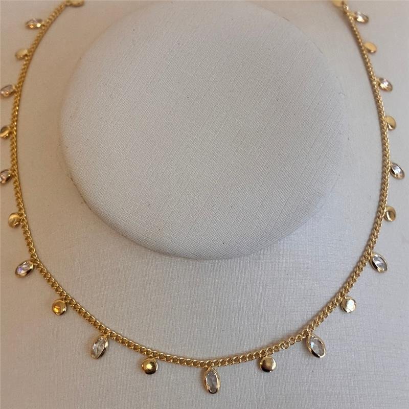 COLAR CHAPINHAS REDONDAS E ZIRCÔNIAS EM GOTA FOLHADO A OURO 18K