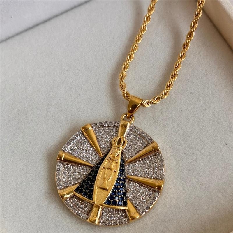 COLAR CORDÃO BAIANO COM NOSSA SENHORA APARECIDA AZUL FOLHEADO A OURO 18K