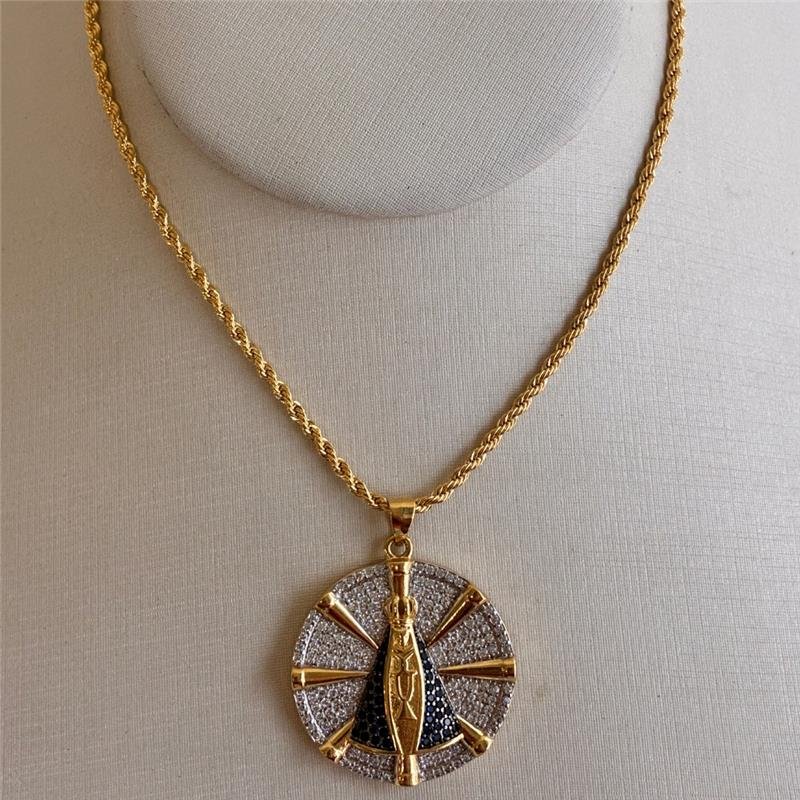 COLAR CORDÃO BAIANO COM NOSSA SENHORA APARECIDA AZUL FOLHEADO A OURO 18K