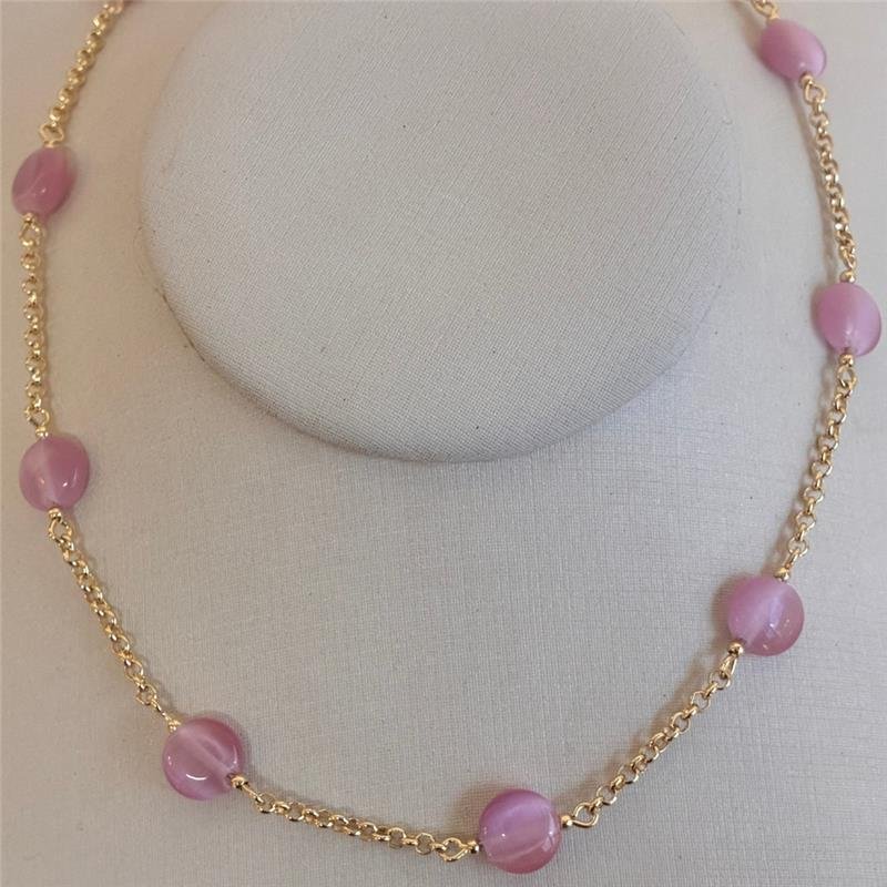 COLAR PEDRA ROSA FOLHEADO A OURO 18K