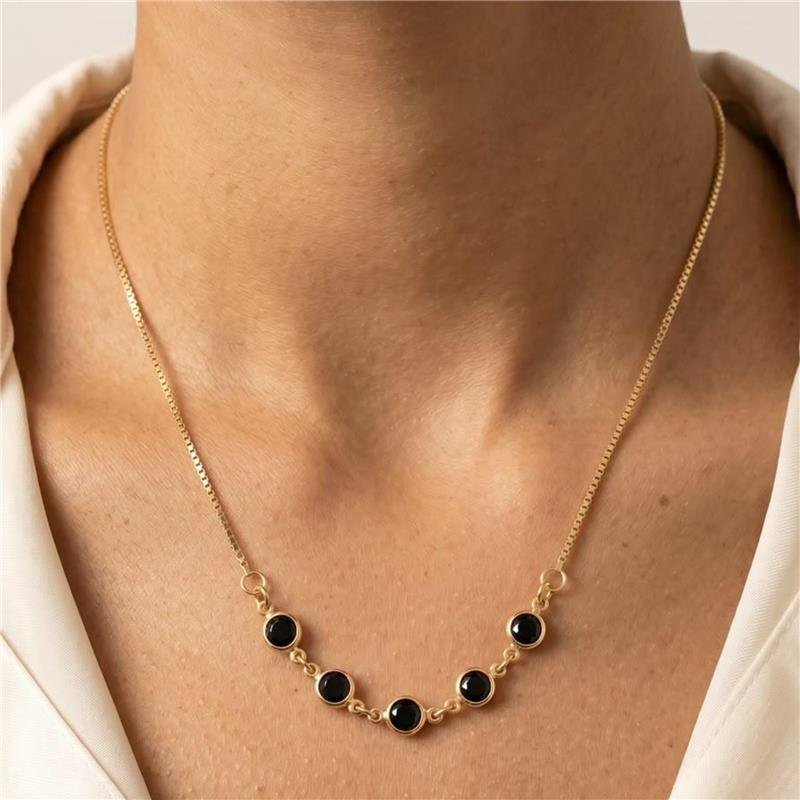 COLAR PEDRAS PRETAS FOLHEADO A OURO 18K