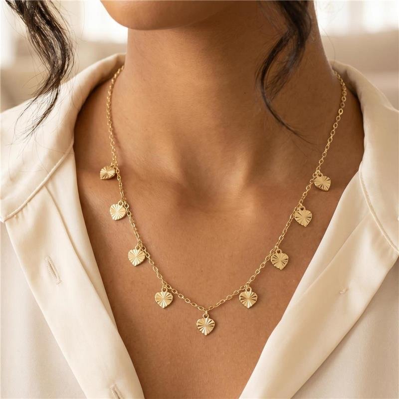 COLAR CHOKER CORAÇÕES E PONTOS DE LUZ COLORIDAS FOLHEADAS A OURO 18K 