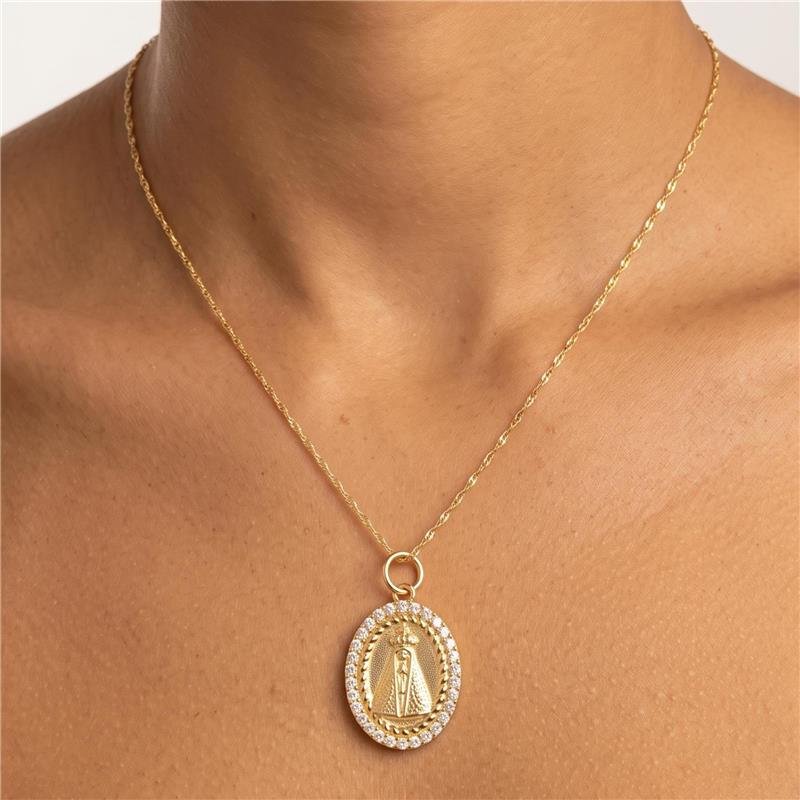 COLAR NOSSA SENHORA APARECIDA CRAVEJADA FOLHEADA A OURO 18K 