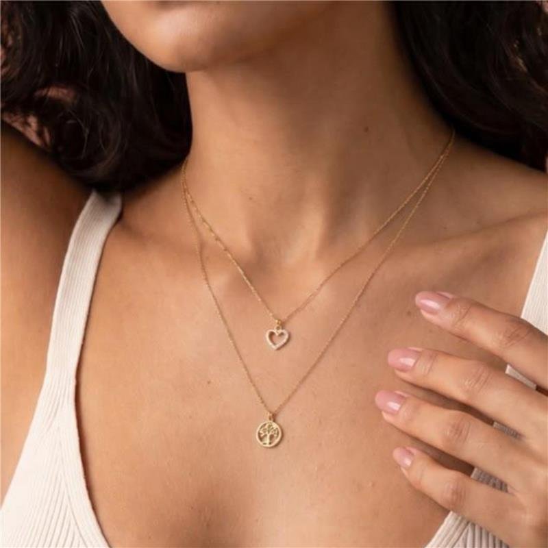 COLAR DUPLO CORAÇÃO COM ZIRCÔNIAS E MEDALHA ÁRVORE DA VIDA FOLHEADO A OURO 18K