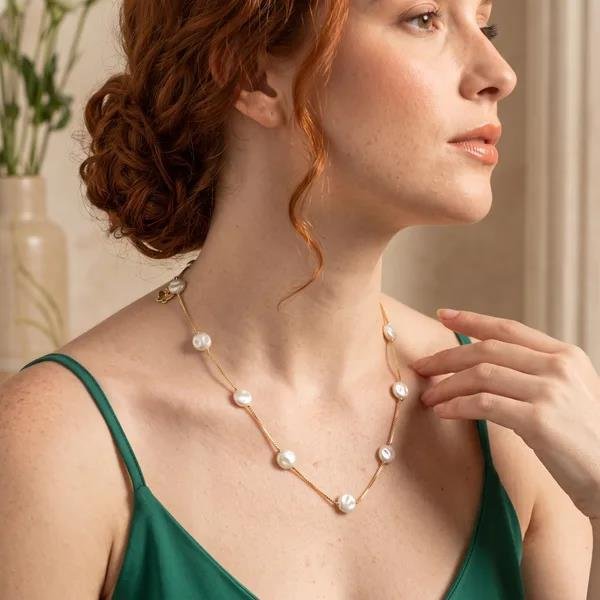 COLAR VENEZIANO COM PÉROLAS BARROCAS 45CM FOLHEADO A OURO 18K