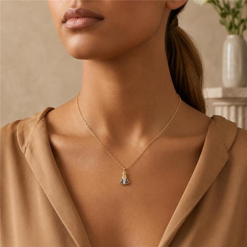 COLAR ELOS COM PINGENTE NOSSA SENHORA APARECIDA CRAVEJADA ZIRCÔNIAS AZUIS FOLHEADO A OURO 18K