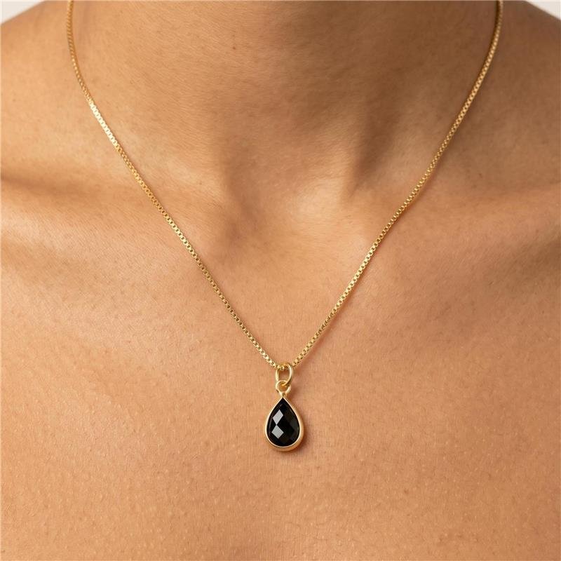 COLAR VENEZIANO COM PINGENTE GOTA DUPLA ZIRCÔNIA NEGRA FOLHEADO A OURO 18K