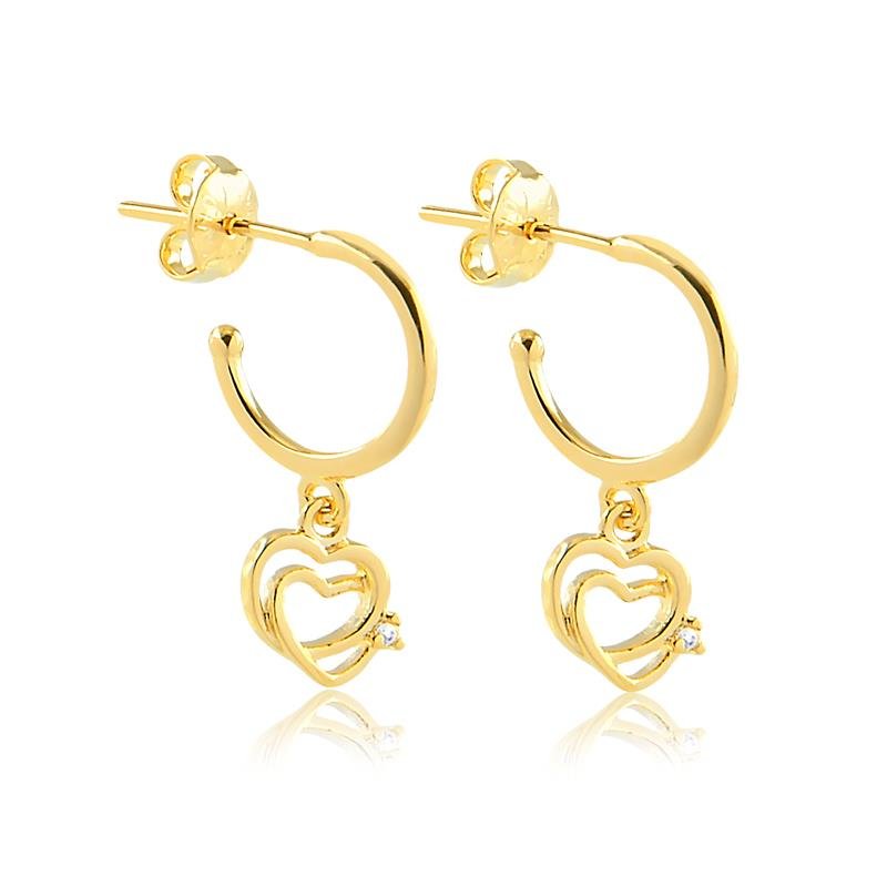 BRINCO DE ARGOLA COM CORAÇÃO DUPLO FOLHEADO A OURO 18K
