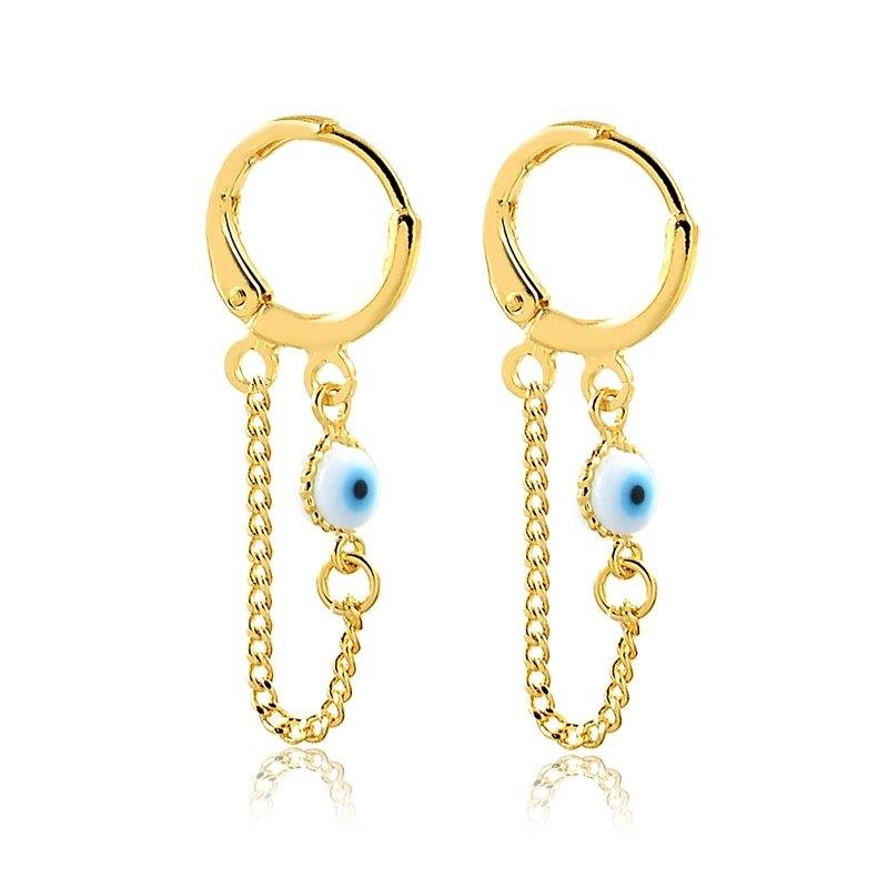 BRINCO DE ARGOLA COM CORRENTE E OLHO GREGO FOLHEADO A OURO 18K
