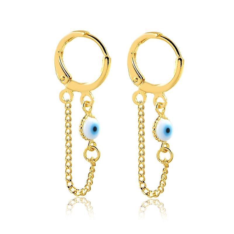 BRINCO DE ARGOLA COM CORRENTE E OLHO GREGO FOLHEADO A OURO 18K