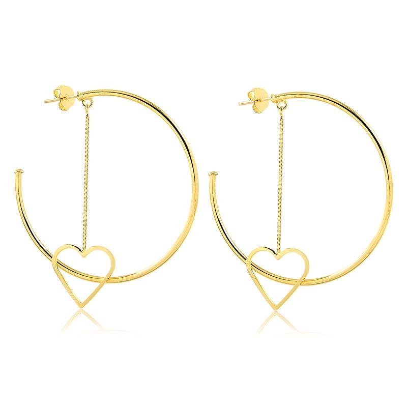 BRINCO DE ARGOLA COM PÊNDULO DE CORAÇÃO VAZADO FOLHEADO A OURO 18K