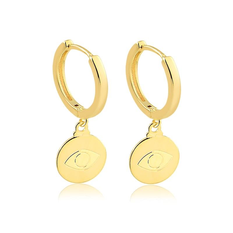 BRINCO DE ARGOLA COM MEDALHA DE OLHO GREGO FOLHEADO A OURO 18K
