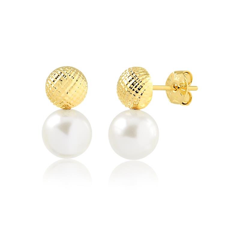 BRINCO COM BOLA TRABALHADA E PÉROLA FOLHEADO EM OURO 18K