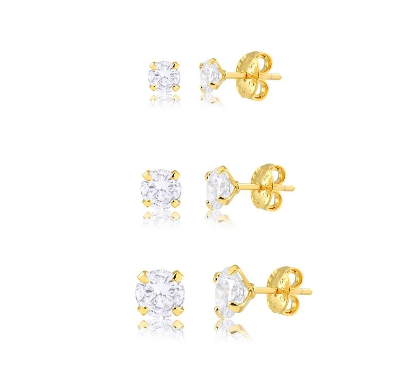 KIT TRIO DE ZIRCÔNIAS DE DIFERENTES TAMANHOS FOLHEADO A OURO 18K