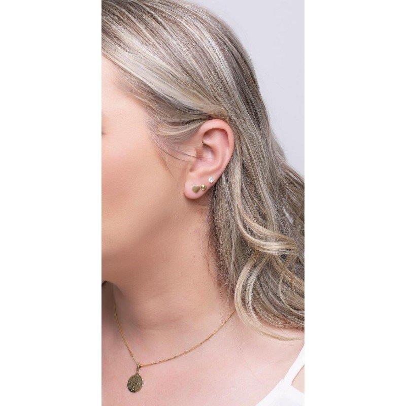 BRINCO DE TRIO COM PONTO DE LUZ, MEIA ESFERA E CORAÇÃO FOLHEADO A OURO 18K