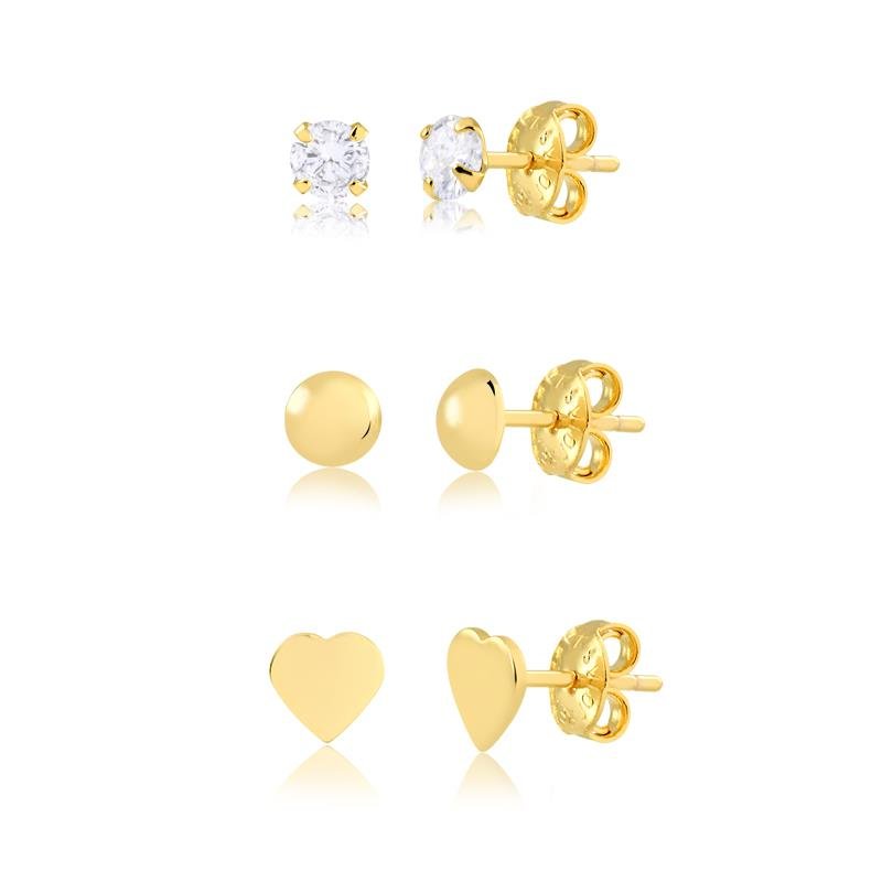 BRINCO DE TRIO COM PONTO DE LUZ, MEIA ESFERA E CORAÇÃO FOLHEADO A OURO 18K