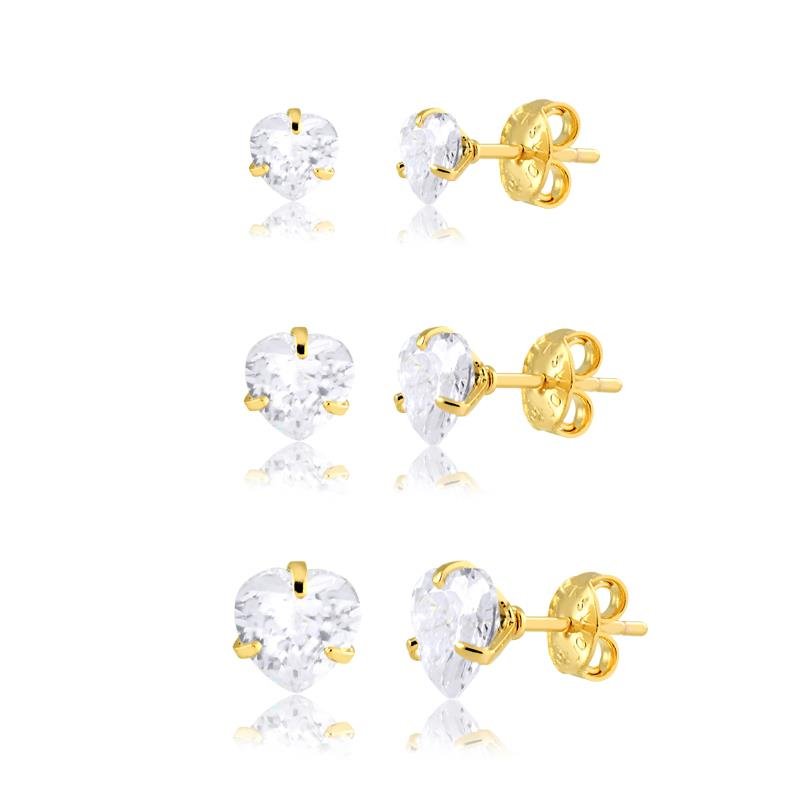 KIT TRIO DE CORAÇÃO EM ZIRCÔNIAS DE DIFERENTES TAMANHOS FOLHEADO A OURO 18K