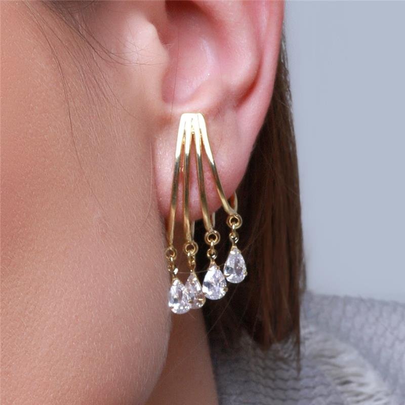 BRINCO EAR HOOK COM GOTAS DE ZIRCÔNIA CRISTAL FOLHEADO A OURO 18K