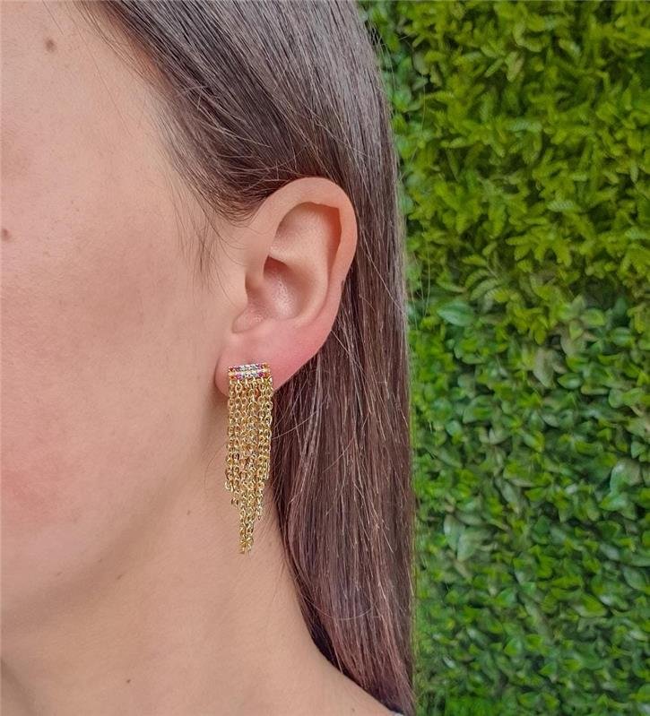 BRINCO FRANJA COM PEDRAS COLORIDAS FOLHEADO A OURO 18K