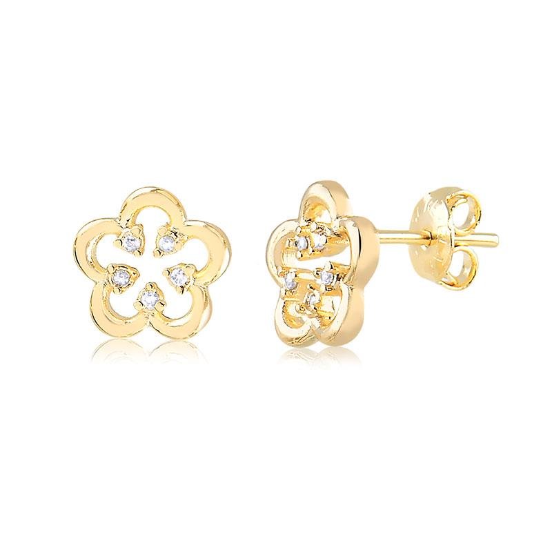 BRINCO FLOR COM ZIRCÔNIA E PONTO DE LUZ FOLHEADO A OURO 18K 