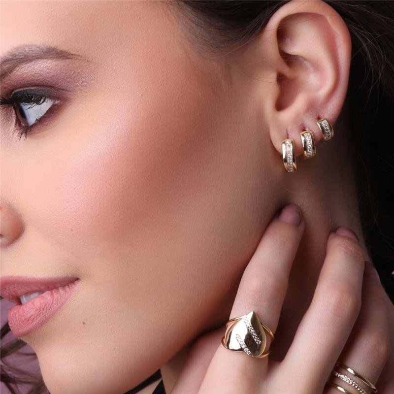 BRINCO TRIO ARGOLA CLICK CRAVEJADA FOLHEADO A OURO 18K