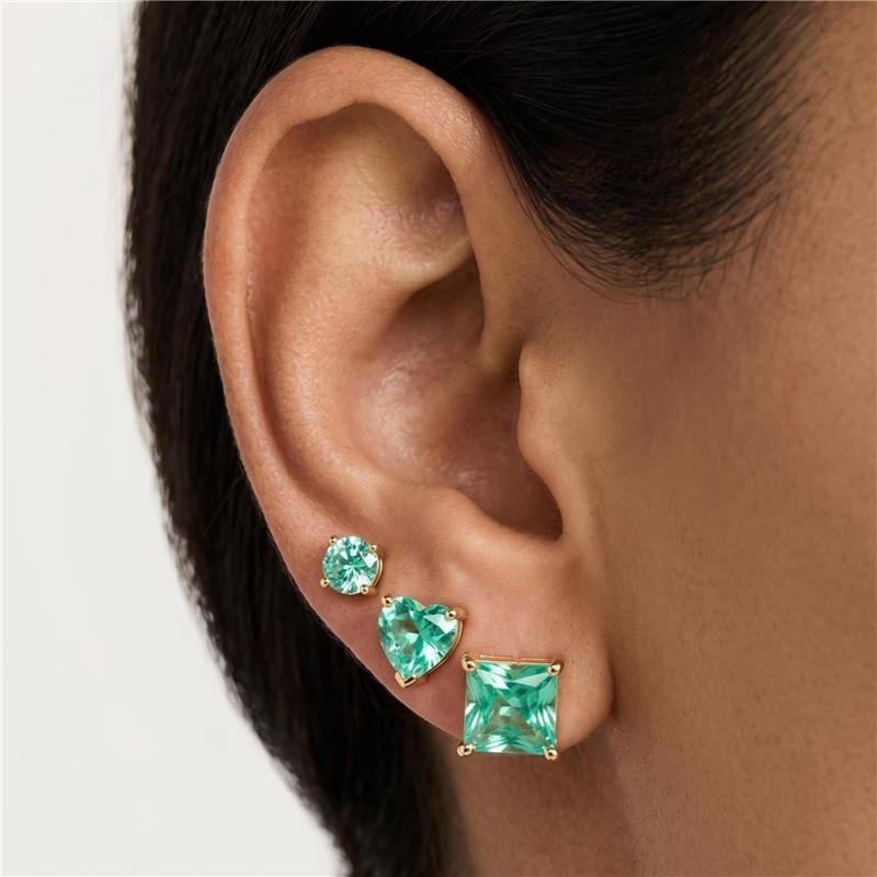 BRINCO TRIO CORAÇÃO, QUADRADO E REDONDO VERDE FOLEHADO OURO 18K