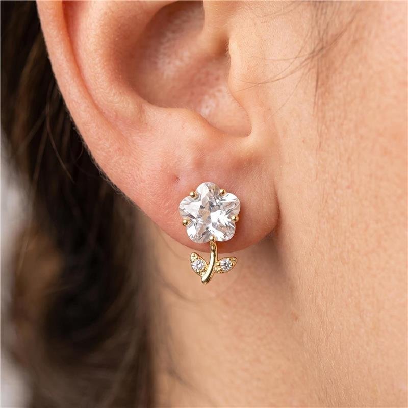 BRINCO DE FLOR COM PEDRA EM ZIRCÔNIA FOLHEADO A OURO 18K 