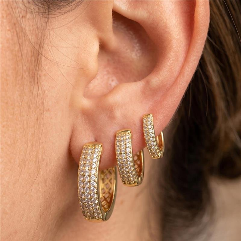 BRINCOS TRIO DE ARGOLAS CRAVEJADAS FOLHEADAS A OURO 18K 