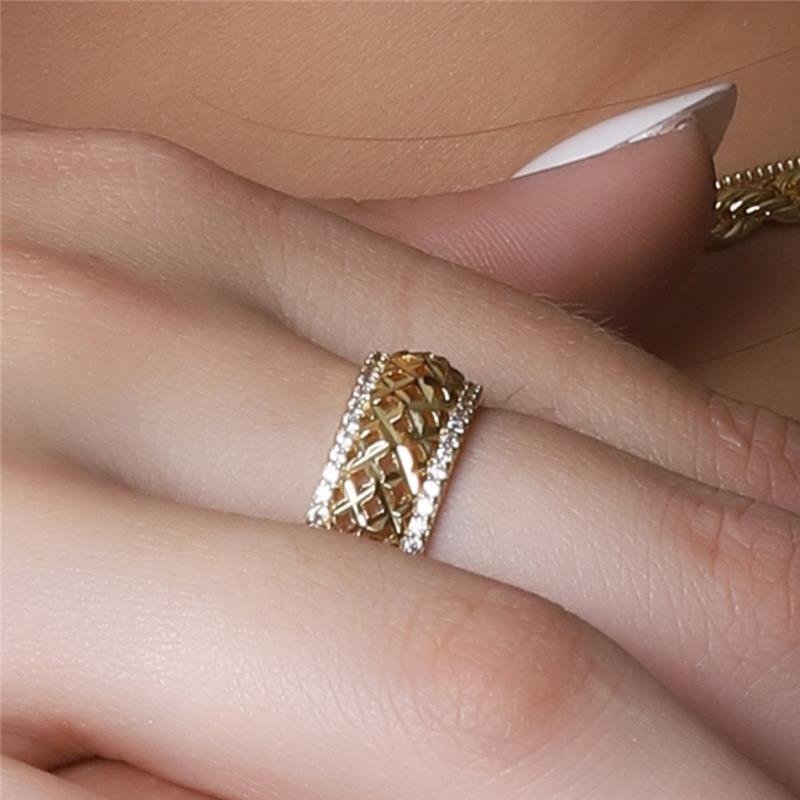 ANEL DETALHE TELINHA E ZIRCÔNIAS FOLHEADO A OURO 18K