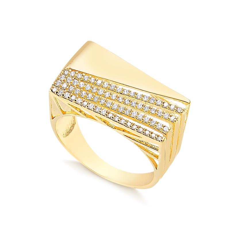 ANEL QUADRADO COM 4 FILETES DE ZIRCÔNIA FOLHEADO A OURO 18K