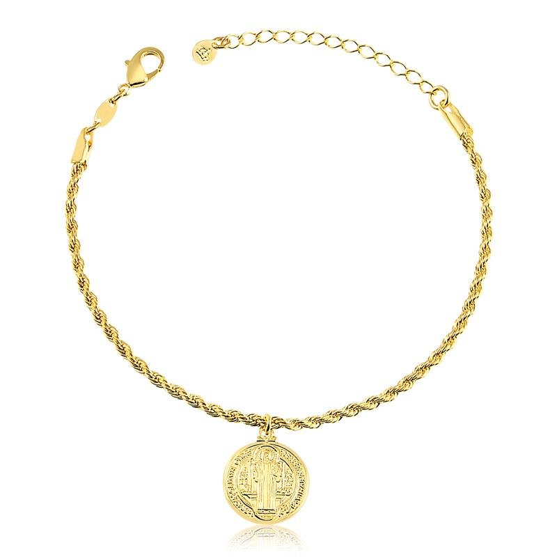 PULSEIRA CORDÃO BAIANO COM PINGENTE DE SÃO BENTO FOLHEADA A OURO 18K