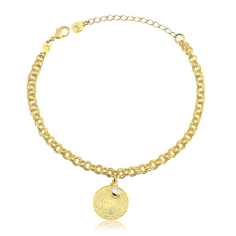 PULSEIRA DE ELOS DUPLOS COM MEDALHA DO PAI NOSSO COM UM PONTO DE LUZ EM ZIRCÔNIAS FOLHEADA A OURO 18K