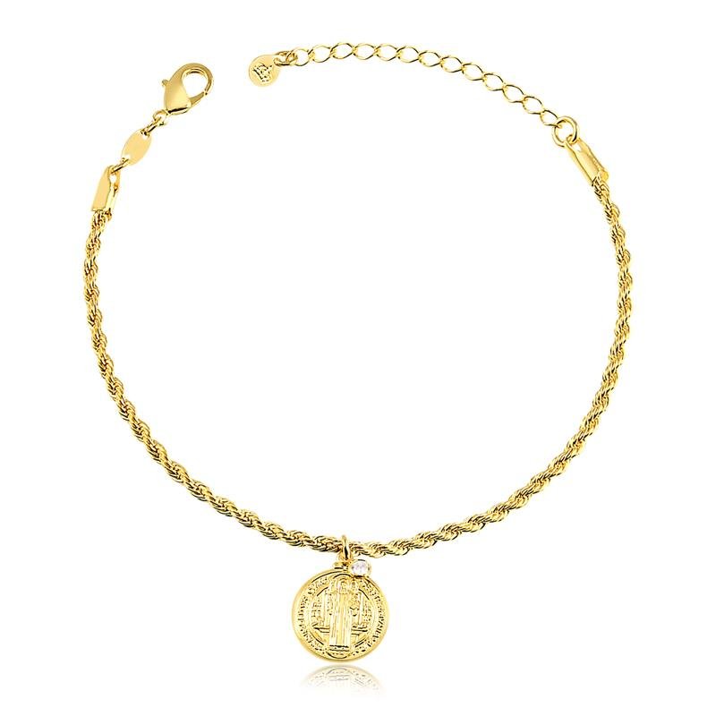 PULSEIRA COM SÃO BENTO E PONTO DE LUZ FOLHEADA A OURO 18K